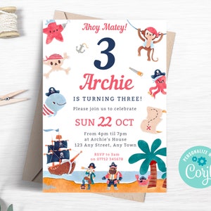 Pirate 3rd Birthday Invitation, Editable Pirates Party Invite, Pirate Ship Invitation, Desert Island Instant Download Template PI01
