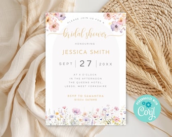 Wildflowers Bridal Shower Invite, Printable Boho Wildflower Floral Bridal Party Invitation, Editable Bridal Brunch Invite Template WF01