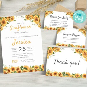Editable Sunflower Baby Shower Invitation Set, Sunflower Theme Baby Invite Bundle, Diaper Raffle Ticket, Books for Baby Download SU01