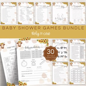 Giochi per baby shower Highland Cow, pacchetto di giochi Holy Cow, pacchetto di giochi per baby shower Yellow modificabili, giochi per shower unisex stampabili HC03