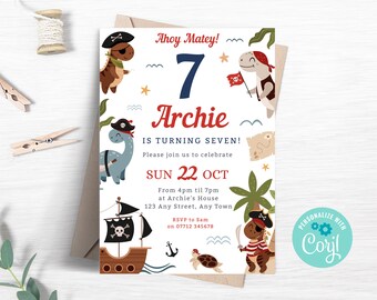 Pirate Dinosaurs 7th Birthday Invitation, Editable Dino Pirates Party Invite, Pirate Ship Invitation, Instant Download Template PI02
