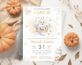 A Little Boo Is Almost Due Invitation, Halloween Ghost Baby Shower Invitation, Editable Unisex Baby Shower Invite, Download Template HA18