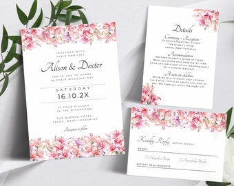 Pink Lily Wedding Invitation Template Suite, Printable Pink Lillies Wedding RSVP Card, Editable Romantic Pink Details and Invite Set, LW214