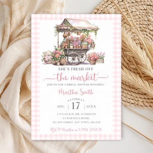 Frisch vom Markt Brautparty-Einladung, rosa Gingham-Blumenwagen zum Ausdrucken, Blumenladen-Brautparty einladen, bearbeitbare Vorlage LBR01