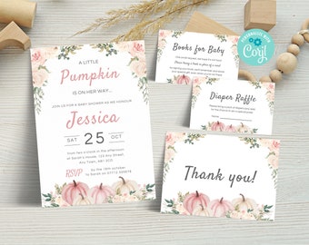 May include: A baby shower invitation with a pink and white pumpkin theme. The invitation features a watercolor illustration of pumpkins, flowers, and greenery. The text on the invitation reads "A Little Pumpkin is on her way..." and "Join us for a baby shower as we honour Jessica". The date of the shower is Saturday, October 25th.