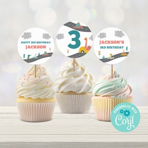 Dino Racers Cupcake Toppers, Dinosaur Racing Birthday Party Cake Toppers, Dinosaur Race Cars Decor, Editable Template, Instant Download DI09