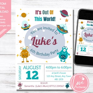 Peut inclure: Une invitation colorée pour une fête d'anniversaire de 6 ans sur le thème de l'espace. L'invitation représente un extraterrestre bleu et violet, un extraterrestre jaune et un vaisseau spatial. Le texte indique "It's Out of This World! You are invited to Luke's 6th Birthday Party. Saturday, August 12, 4:00pm to 6:00pm at Jack's house, 123 Any Street, Any Town, AB1 2CD. R.S.V.P. Samantha (Luke's Mum) 07712 234567."