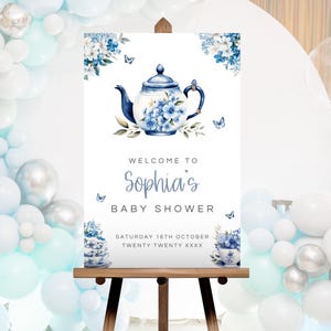 Welcome Sign, Editable Afternoon Tea Baby Shower Sign, Blue Tea Party Welcome Sign, Baby Boy Shower Sign, Instant Download Template LBA01