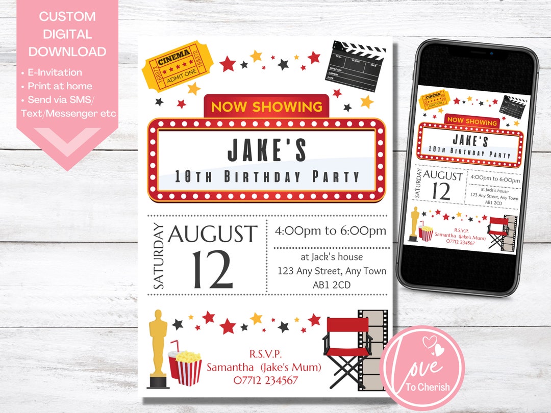 Movie Birthday Invitation, Personalised Cinema Birthday Printable