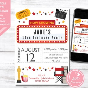 Film-Geburtstags-Einladung, personalisierte Kino Geburtstag druckbare einladen, Movie Night Party, Awards Party, benutzerdefinierte digitale Datei, Evite