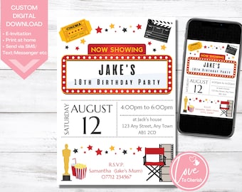Movie Birthday Invitation, Personalised Cinema Birthday Printable Invite, Movie Night Party, Awards Party, Custom Digital File, Evite