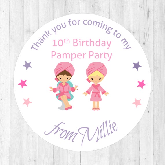 Girl's Pamper Party Personalised Birthday Stickers - Thank You Labels for Party Bags - Girl's Beauty Party -12 or 24 stickers