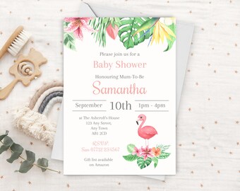 Flamingo Baby Shower Invitation Girl, Editable Pink Flamingo Baby Shower Invite, Printable Tropical Flamingo Invitation Template, BS08