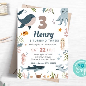 Under The Sea 3rd Birthday Invitation, Editable Ocean Animals Party Invite, Whale Birthday, Marine Life, Instant Download Template SEA04