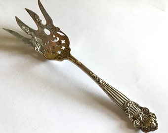 Antique Ornate Sterling Silver Serving Fork Georgian 3 Prong Long Handle