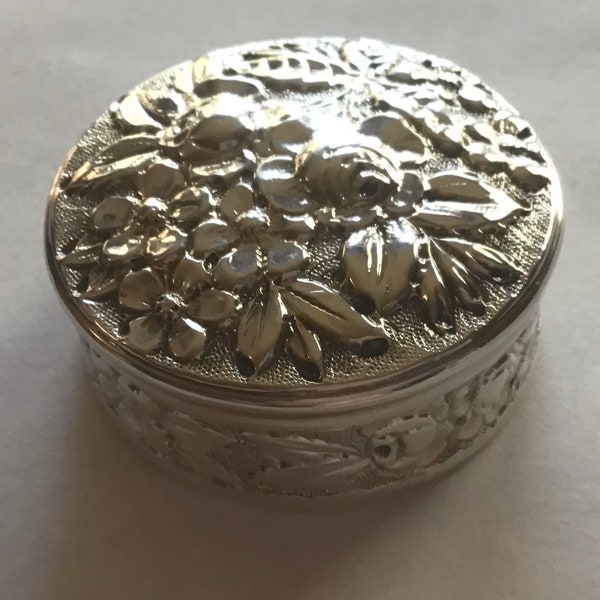 Repousse Rose Sterling silver Round Box dated 1888
