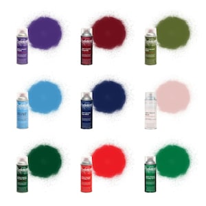 May include: Nine spray paint cans in various colours, including purple, red, green, blue, pink, dark green, and red. Each can has a silver top and a white label with the text "Spray Colour" and "Oasis" printed on it.