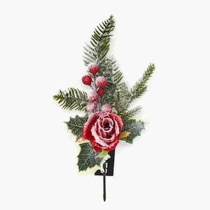 30cm Snowy Artificial Red Rose Holly & Berry Christmas Pick - Christmas Flowers
