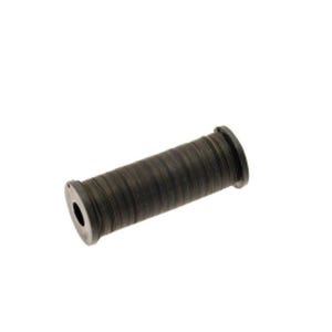 May include: A black bicycle handlebar grip with a textured surface. The grip is cylindrical with a hole at each end. Designed to provide a comfortable and secure hold for the rider.