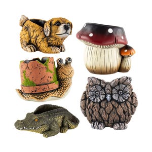 May include: A selection of decorative planters in animal and nature designs. Includes a dog, mushroom, snail, owl, and alligator. Each planter has a hollow interior for planting small plants or succulents.
