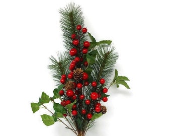 Christmas Artificial Pine Needle & Holly Pick with Red Berries - 54cm Height