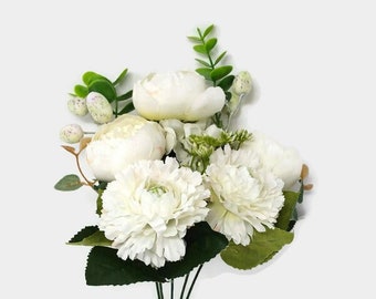 5 Stem White Artificial Peony Flower Blossom & Seed Bush 32cm Wedding Home Decor