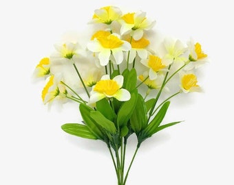 Artificial Mini Daffodil Bush x 32cm - White with Yellow Centre - Spring Flower