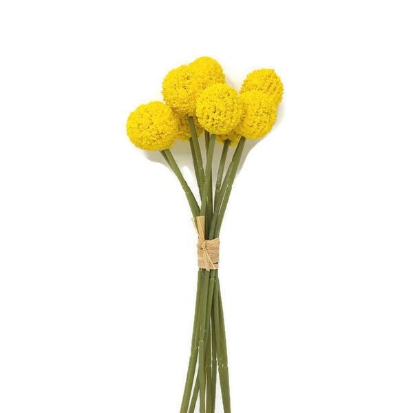 9 Head Artificial Craspedia Flower Ball Bunch x 28cm Yellow Billy Buttons Flower