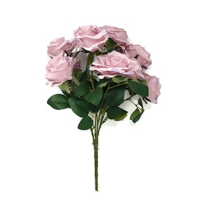 May include: A bunch of artificial mauve and purple roses with green leaves and stems. The faux flowers are arranged together, suitable for home decoration or craft projects. The roses have a realistic appearance, ideal for adding a touch of colour.