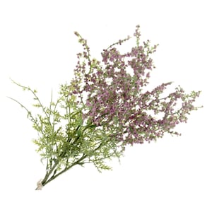 May include: A bunch of artificial flowers with green leaves and small, purple flower clusters. The stems are bound with light-coloured twine, giving a natural and delicate look. Suitable for floral arrangements and home decoration. The overall length is approximately 30 cm.