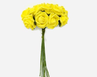 12 Head - 2cm - Miniature Yellow Foam Rose Bunch - Wedding Flower Buttonhole Corsage