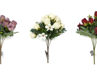 Mini rosa artificial de 5 tallos y arbusto de flores en flor x 30 cm - Púrpura Marfil o Rojo