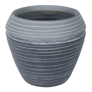 May include: A grey and white striped ceramic planter with a wide, round opening. The planter has a distressed, rustic look.