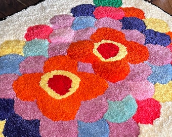 Multicolor Floral Geometric Rug / Handmade Tufting Rug / 1970s Vintage Style Carpet