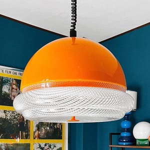 Vintage Space Age Orange Pendant Light – 1970s Rise & Fall Lamp, Pull Down Plastic Ceiling Light, Retro Acrylic, 46cm