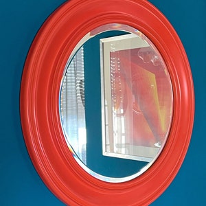 1970s Space Age Orange Mirror, Round Wooden Frame, Large Vintage Wall Mirror, Pop Art Decor, Mid Century Modern Home
