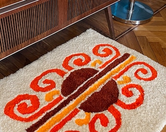 1970s Geometric Pattern Rug / Handmade Tufting Rug / 1970s Vintage Style Carpet