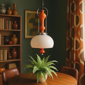 Vintage 1970s Space Age Pendant Lamp: Orange Wood & Chrome