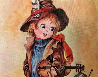 1970 Cute Boy Picture Printed on Wood - Gipsy Cute Child Musician Violinist