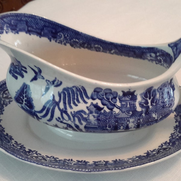 Vintage Staffordshire Blue Willow Gravy Boat with attached underplate