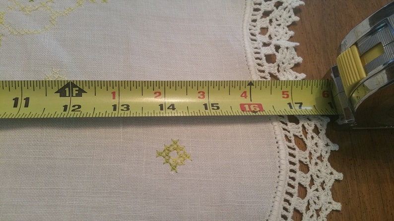 dresser scarf shabby chic 1940s tattled lace green cross stich cottage lace trim Vintage Hand Made Green Cross Stich Table Runner