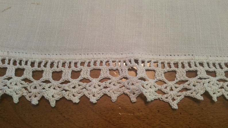 dresser scarf shabby chic 1940s tattled lace green cross stich cottage lace trim Vintage Hand Made Green Cross Stich Table Runner