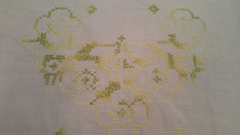 dresser scarf shabby chic 1940s tattled lace green cross stich cottage lace trim Vintage Hand Made Green Cross Stich Table Runner