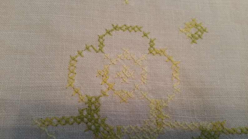 dresser scarf shabby chic 1940s tattled lace green cross stich cottage lace trim Vintage Hand Made Green Cross Stich Table Runner