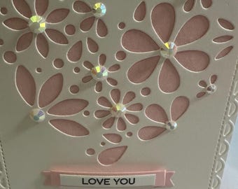 Iridescent Petal Heart Card with Gems & Stitched Scalloped Frame – A2 Size