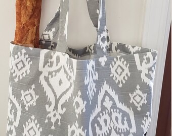 AYA Grocery tote bag market tote cloth bag, reusable grocery bag grey and white Greek key cotton