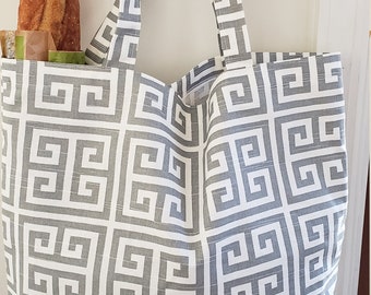 AYA Grocery tote bag market tote cloth bag, reusable grocery bag grey and white Greek key cotton