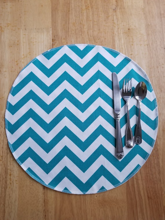 Round Placemat Zigzag Turquoise Blue And White Stripe Cotton Chevron Handmade Artisan