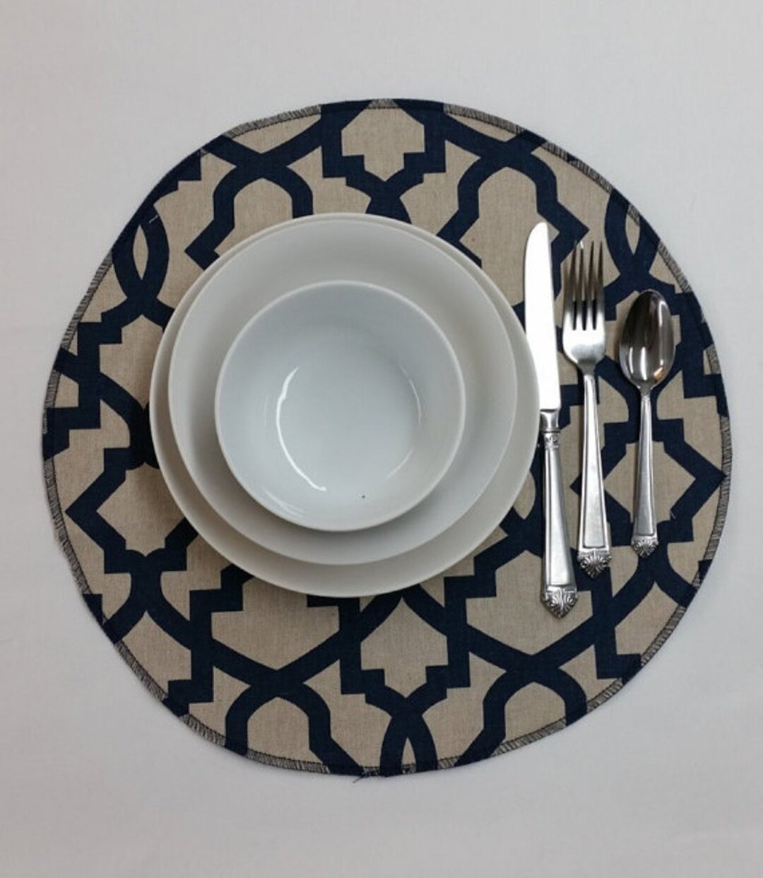 Round Fabric Placemats, Sheffield Navy Blue on Linen, Fabric Placemats