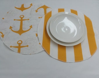 Set of 4 Round placemat, cloth placemats, corn yellow and white anchors, nautical, cotton, centerpiece place-mat handmade artisan